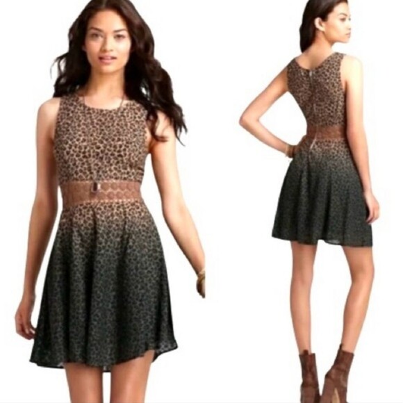 NWT Free People Ombre Leopard Animal Print Lace Fit Flare Mini Dress SZ 2 Brown - Picture 1 of 10